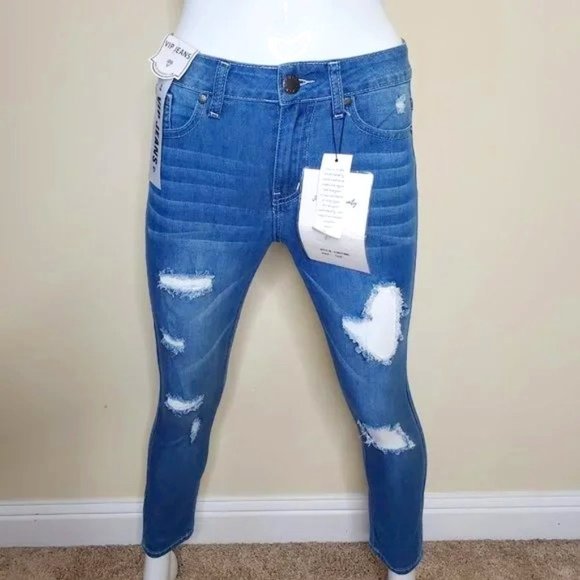 VIP Women's Light Blue Distressed Ankle Length Hi Rise Denim Jean SZ 1/25 - Picture 3 of 8